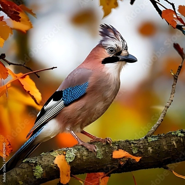 Fototapeta A colorful bird, perched on a branch in a vivid autumn scene