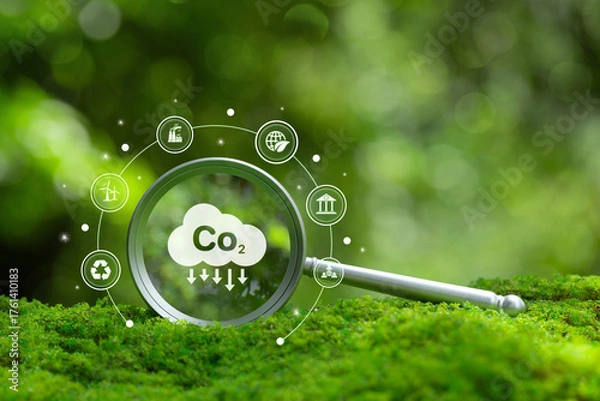 Fototapeta Magnifying glass focusing on CO2 icon with green environment background symbolizes carbon footprint analysis, emission reduction, sustainability, ESG data, and eco-friendly business solutions.