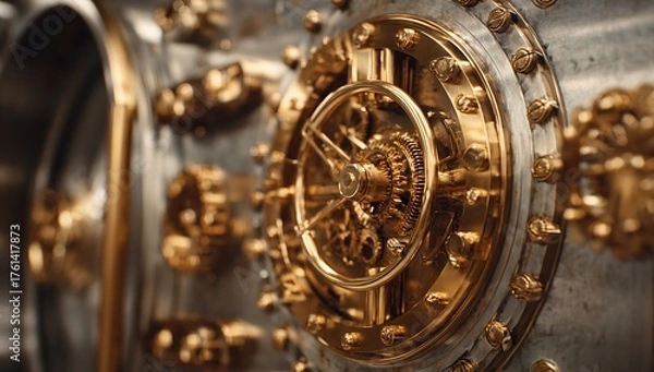 Fototapeta Intricate golden vault door mechanism with detailed gears and polished metal reflecting luxury and security for financial concepts