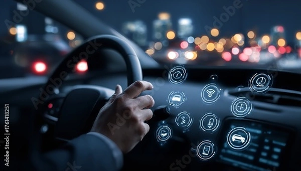 Fototapeta Professional driver navigating city night traffic with futuristic holographic car interface and smart technology icons glowing