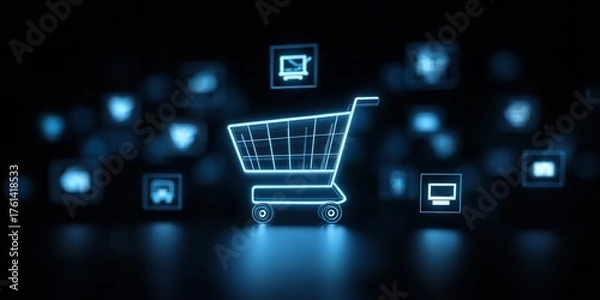 Fototapeta Glow neon shopping cart symbolizing online commerce and digital retail, surrounded by abstract glowing icons on a dark background