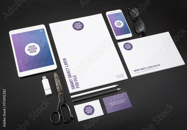 Fototapeta Tablet, Smartphone and Stationery on Dark Background Mockup 1