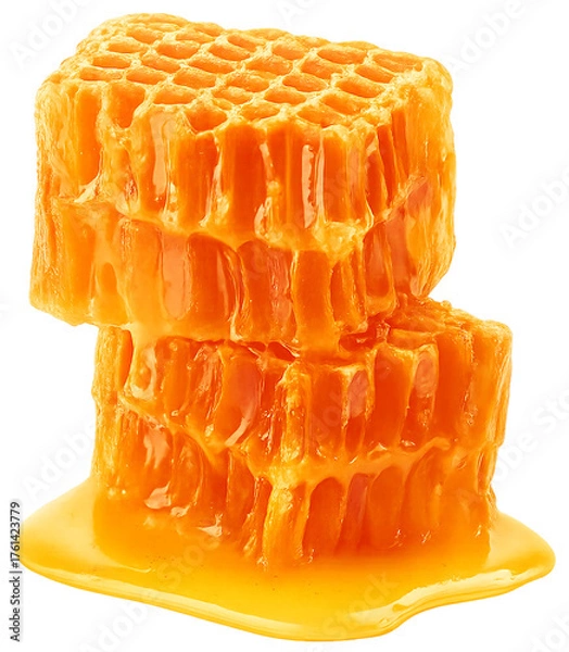 Fototapeta Realistic stacked honeycombs with golden honey dripping, isolated on transparent background.