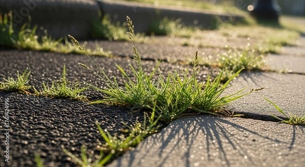 Fototapeta Vibrant green grass pushing through cracks in pavement bathed in golden morning sunlight with dew drops sparkling