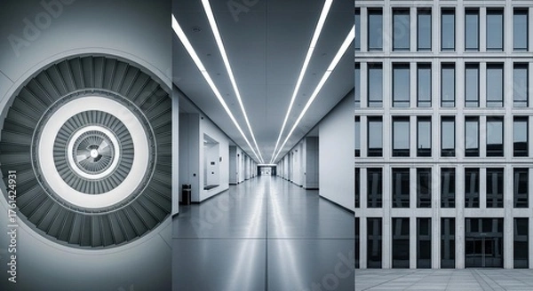 Fototapeta Discover modern architectural elegance with a stunning spiral staircase, sleek hallway, and contemporary office building facade, perfect for sophisticated design projects.