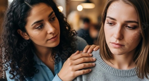 Fototapeta Empathetic friend offers comfort and support with a gentle touch on the shoulder, conveying understanding and care in a moment of shared emotion.
