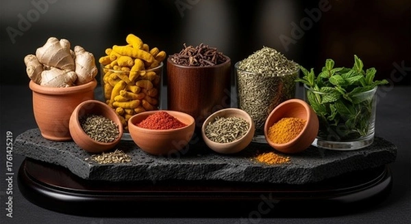 Fototapeta Vibrant array of fresh ginger, potent turmeric, aromatic cloves, dried herbs, and crisp mint presented artfully for culinary inspiration and gourmet cooking.