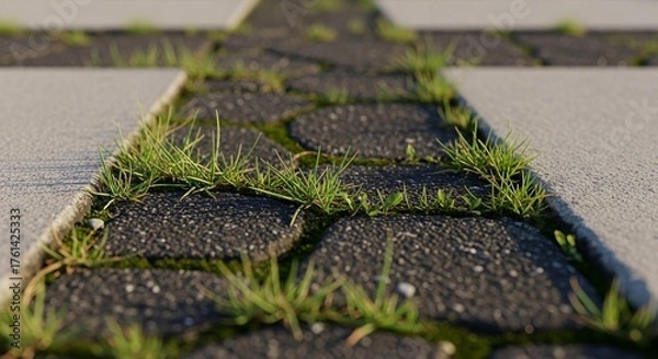 Fototapeta Vibrant green grass pushing through weathered dark paving stones, showcasing nature's resilience and the beauty of urban growth.
