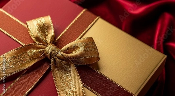 Fototapeta Luxurious gift box adorned with elegant gold ribbon and deep red satin backdrop perfect for special occasions and premium product packaging