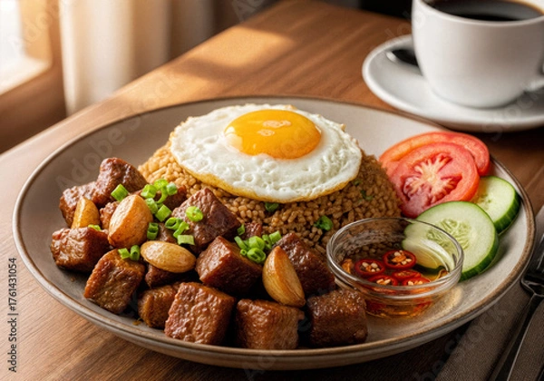 Fototapeta A classic Filipino dish featuring savory fried rice topped with a sunny-side-up egg, tender pork cubes with garlic, fresh cucumber and tomato slices, and a side of spicy vinegar dipping sauce.
