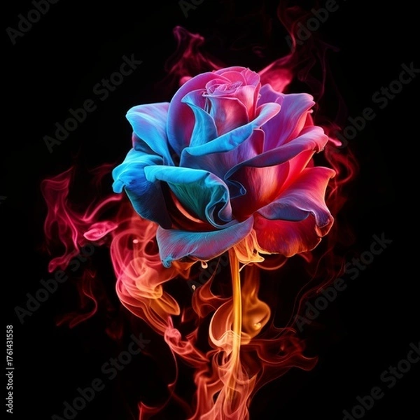Fototapeta Ethereal Spectrum Rose — Vibrant Multicolor Flower with Glowing Petals and Mystical Smoke on Black Background