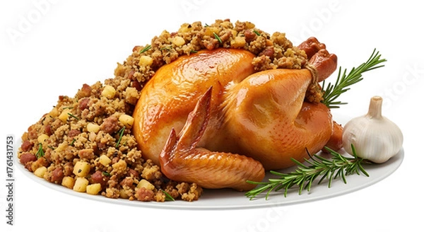 Obraz A delicious roasted chicken with stuffing and a sprig of rosemary, isolated on a transparent background