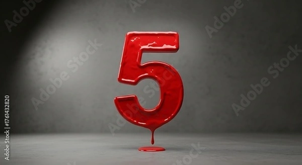 Obraz Red Number Five Sculpture on Gray Background.