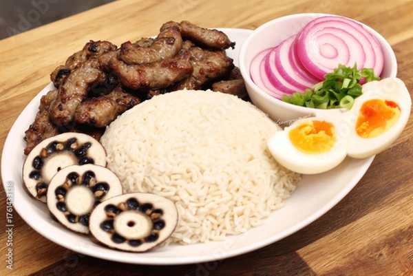 Fototapeta Traditional Filipino rice meal with grilled pork, boiled egg, and fresh onions — hearty and flavorful.
