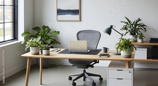 Fototapeta A bright home office setup with wooden desk chair laptop plants and natural light from the window