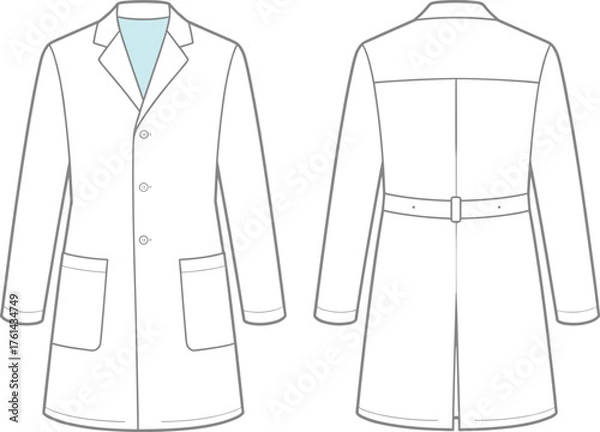 Fototapeta Long sleeve lab coat flat sketch, medical uniform cad drawing front and back view, doctor coat fashion vector template design