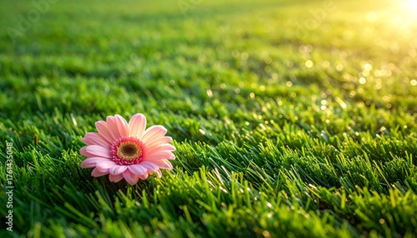 Fototapeta 柔らかな朝の光に照らされ、人工芝の上に一輪だけ咲いた小さな花。シンプルな構図の中に生命力と希望を感じさせる、ナチュラルで癒しのある春のイメージ