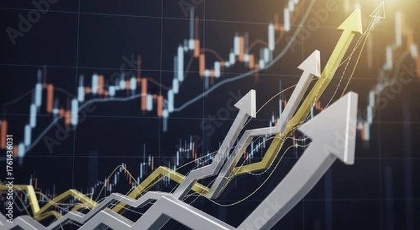 Fototapeta Dynamic Financial Market Growth Visual with Upward Trend Arrows and Candlestick Chart, Symbolizing Investment Success and Positive Economic Outlook