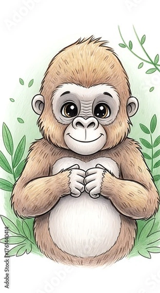 Fototapeta Adorable Baby Gorilla Illustration with Gentle Expression and Lush Greenery.
