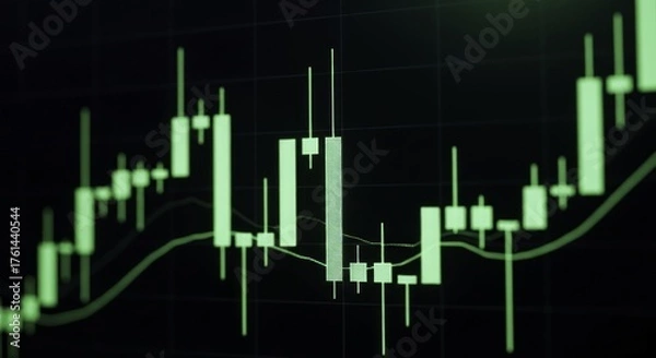Fototapeta Green Candlestick Financial Chart Displaying Stock Market Data and Investment Trends on a Digital Screen