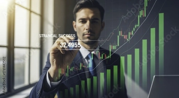 Fototapeta Professional businessman interacting with a futuristic holographic screen displaying financial growth charts and stock market data, symbolizing strategic success and innovation in finance.