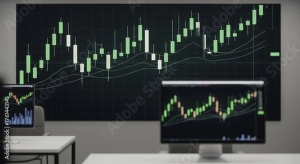 Fototapeta Large Screen Displaying Candlestick Financial Chart and Real-Time Market Data with Multiple Monitors in a Modern Trading Office