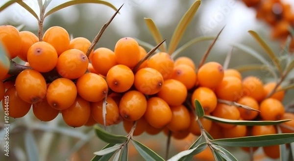 Fototapeta Sea Buckthorn Berries - A Vibrant Cluster of Autumns Bounty.
