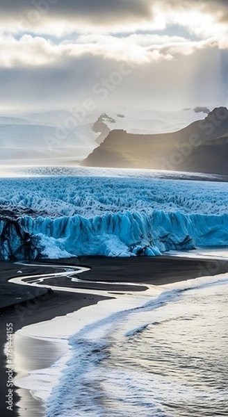 Obraz Glacial Lagoon Landscape with Icebergs and Black Sand Beach.