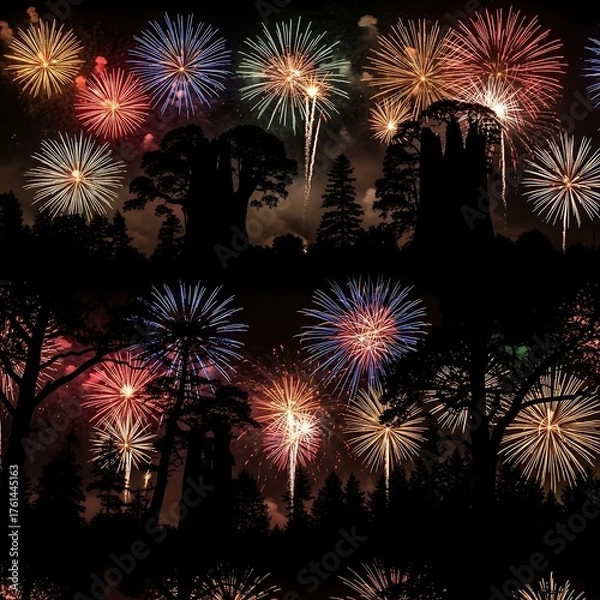 Fototapeta Fireworks Display Over Silhouette Trees - A Vibrant Celebration.