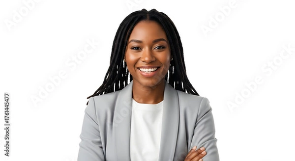Obraz Confident Businesswoman Smiling African American Executive With Professional Dreads and Positive Vibe. Headshot With a Genuine Smile