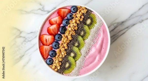 Fototapeta A vibrant and healthy smoothie bowl topped with fresh berries, chia seeds, and sliced kiwi, arranged artfully