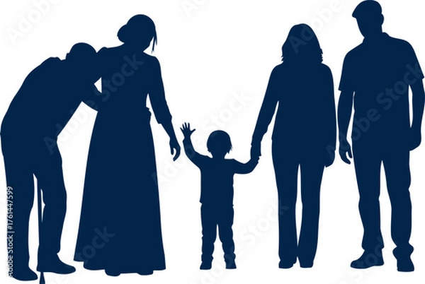 Fototapeta Diverse family silhouette group standing together holding hands with a child in center silhouette