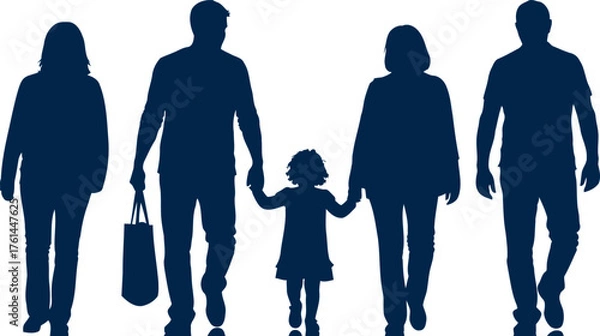 Fototapeta Diverse family silhouettes walking together holding hands joyful unity outdoor scene silhouette