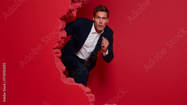 Fototapeta Businessman in suit breaking through red wall in dynamic action pose