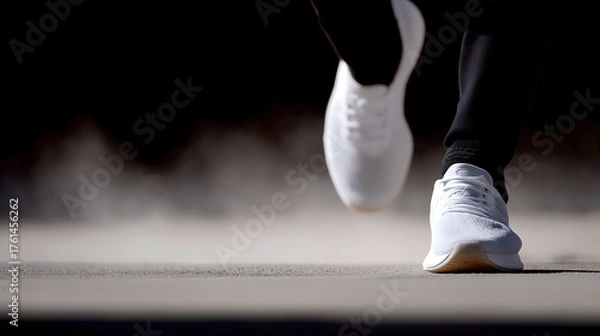 Fototapeta Close-up of white running shoes in motion on asphalt road