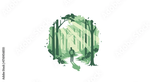 Fototapeta Stylized vector graphic of a person walking through a sun-drenched green forest, symbolizing a peaceful escape and a personal journey