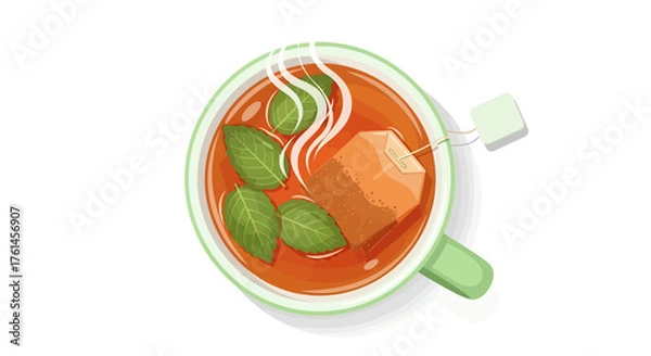 Fototapeta A refreshing cup of herbal tea with mint leaves and a tea bag, depicted in a top-down view illustration on a white background