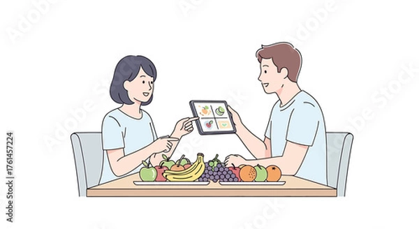 Fototapeta A happy couple using a digital tablet app for smart nutritional planning, sitting together at a table full of fresh healthy fruits