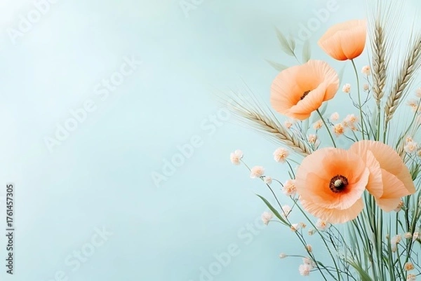 Fototapeta Beautiful Arrangement of Soft Peach Poppies with Delicate Flowers and Greenery on Light Background