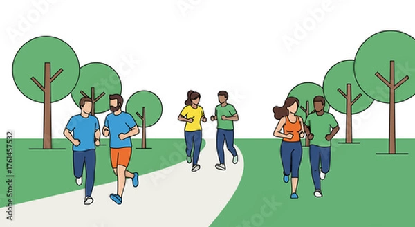 Fototapeta Diverse group of people enjoying a healthy run in a scenic park surrounded by lush green trees