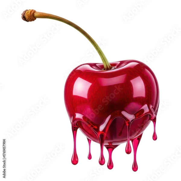Fototapeta A ripe red cherry with juice dripping down, isolated on transparent background