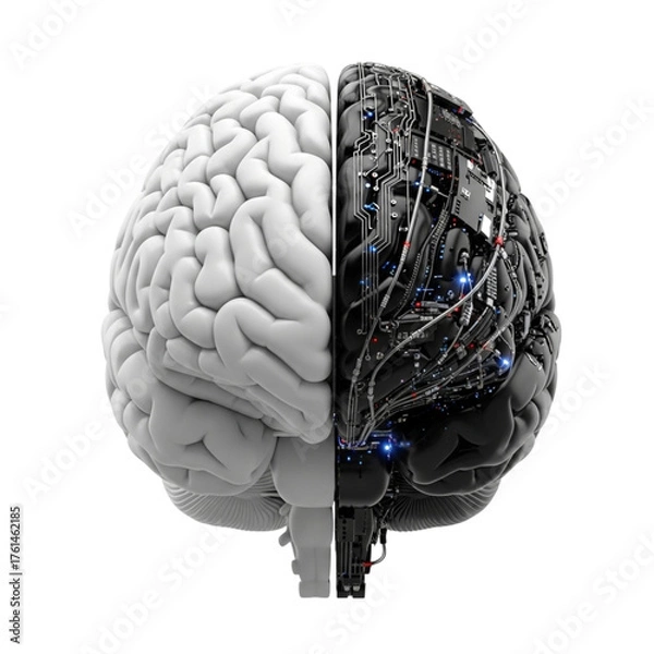 Obraz Split brain, half organic, half robotic, isolated on transparent background