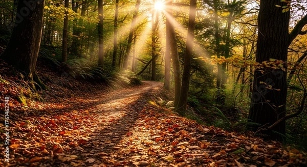Obraz Golden Rays Illuminating a Woodland Trail in Fall