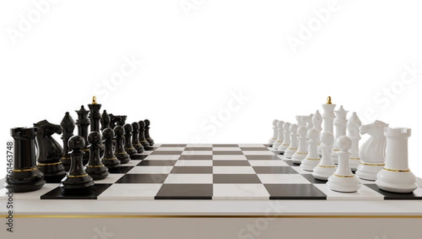 Fototapeta Black and White Chess Set on a Chessboard Ready for Strategic Play and Competition.