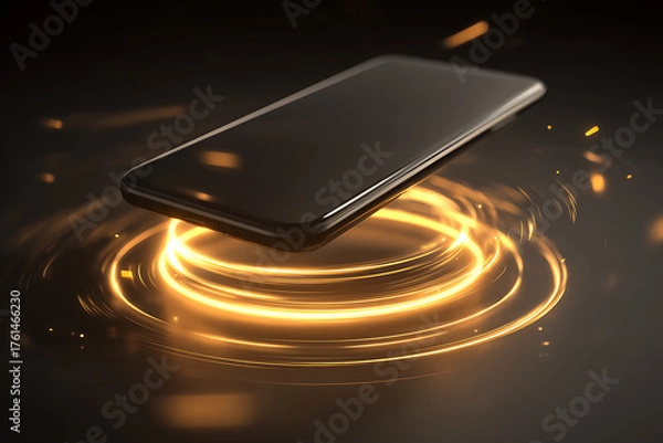 Fototapeta Sleek black smartphone levitating above vibrant golden energy rings, creating a dynamic, futuristic, and high-tech visual experience for modern advertising.
