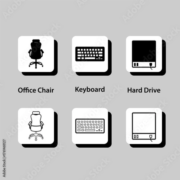 Fototapeta A set of icons for a computer keyboard, office chair, and hard drive