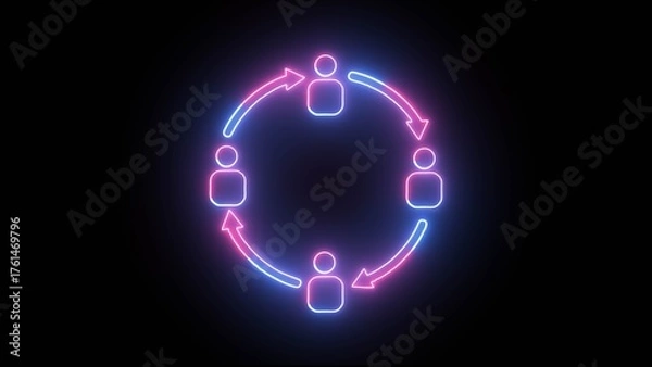 Obraz Neon glowing social network or work networking icon with people and diagrams illustration