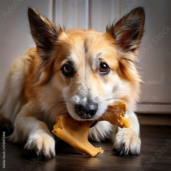 Obraz A fluffy canine, chewing on a meaty bone inside a home