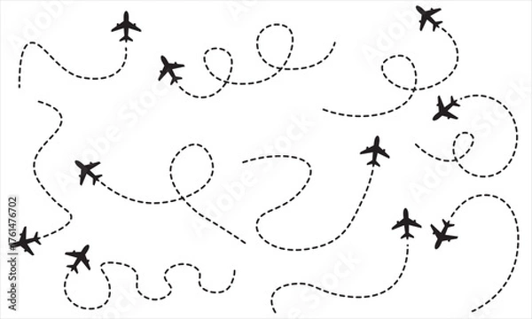Obraz Airplane Dotted Path Trails: Flight Route and Travel Line Icons Set