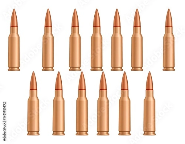 Fototapeta Twelve rifle bullets arranged in two rows on a white backdrop, demonstrating ammunition. The bullets show a gold casing and a copper tip